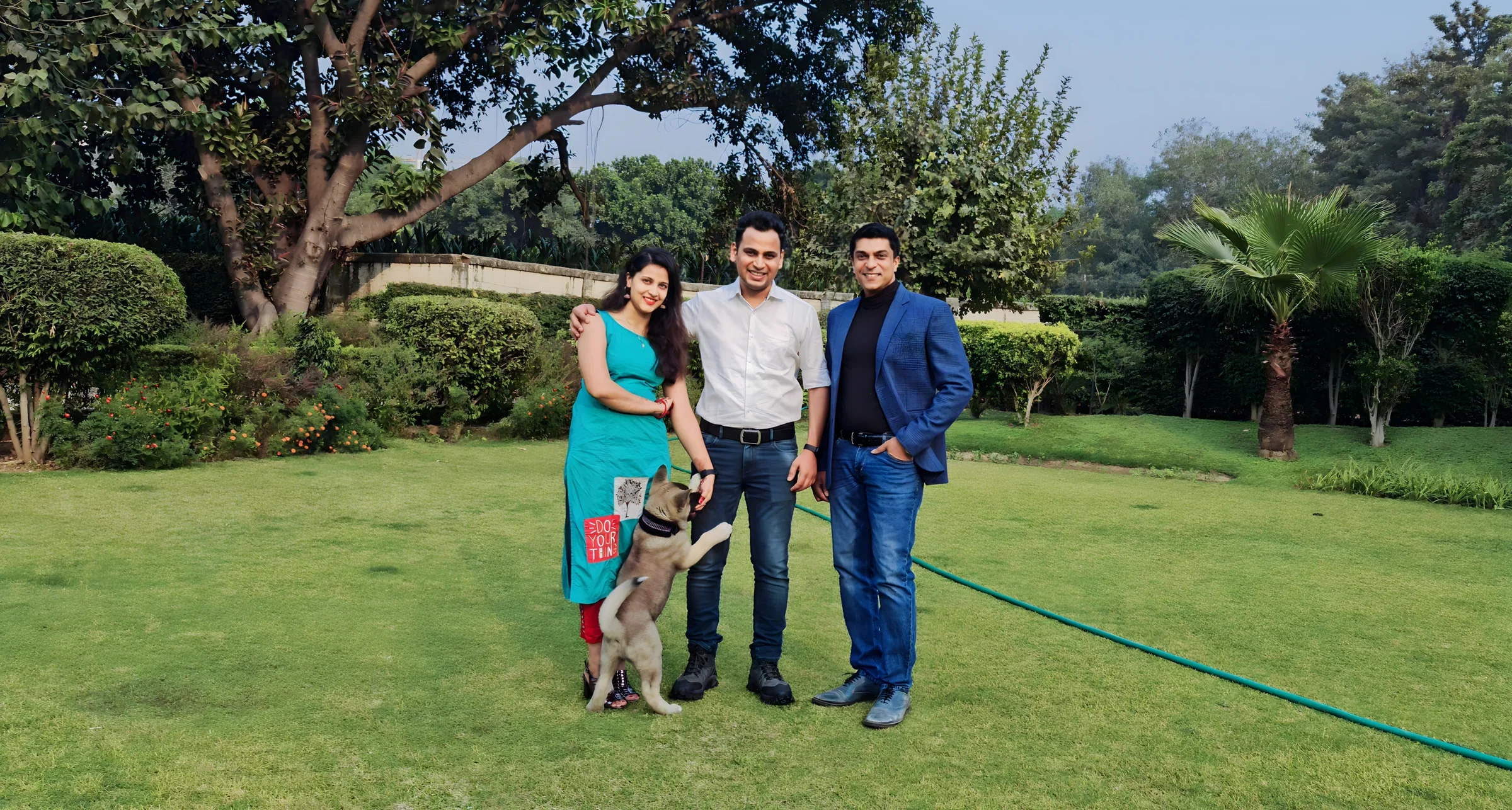 Lithvik Mukesh Sharma is photographed with Dr. Jyoti Kush, Dr. Binu and Ninja at his farm house.