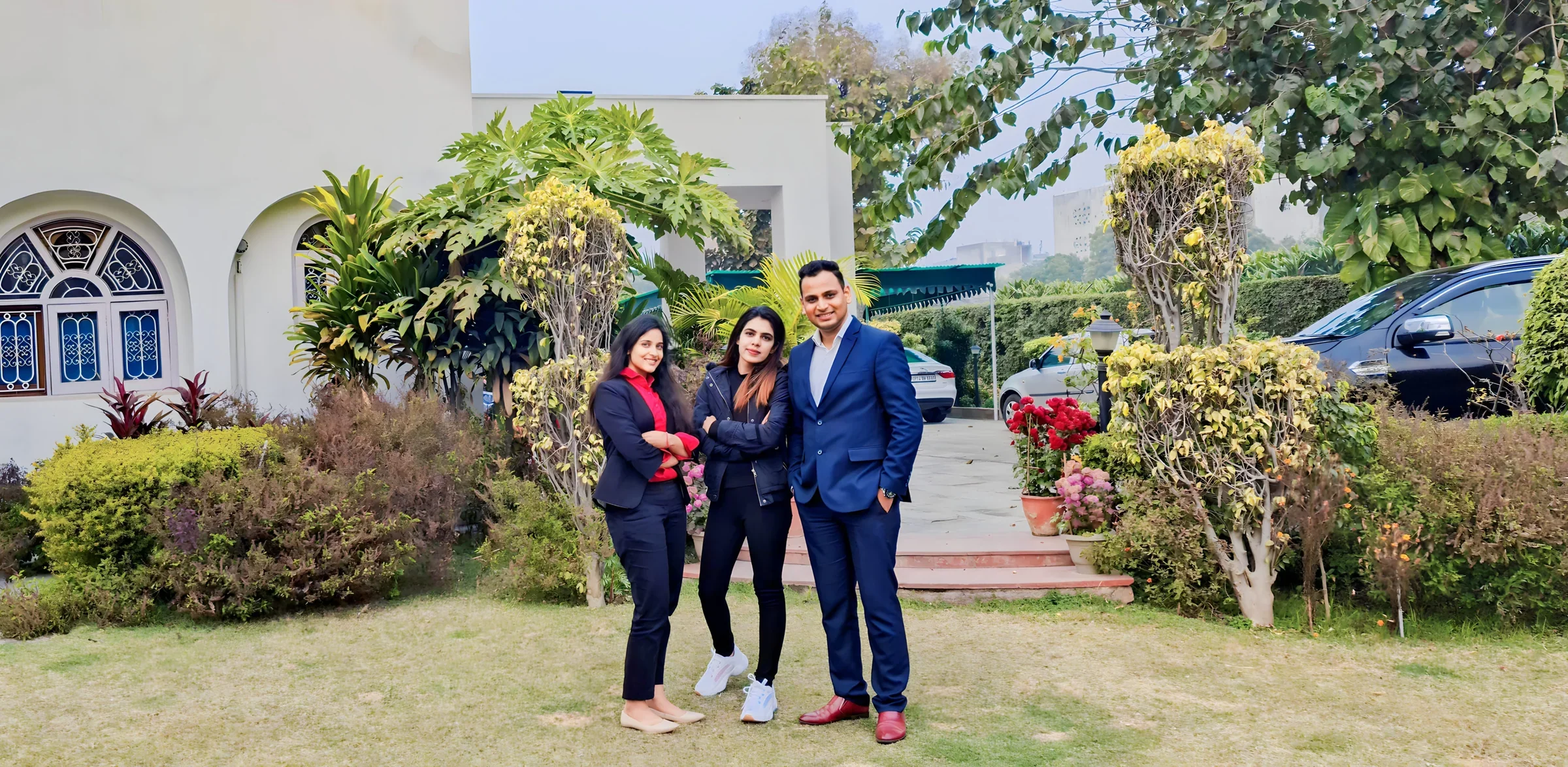 Lithvik Mukesh Sharma is photographed with Dr. Jyoti Kush and Kusum Yadav at his farm house.
